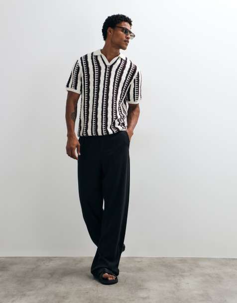 ASOS DESIGN – Bluza polo oversize z wcięciem w dekolcie, w fakturowane paski, w kolorze ecru - view 1