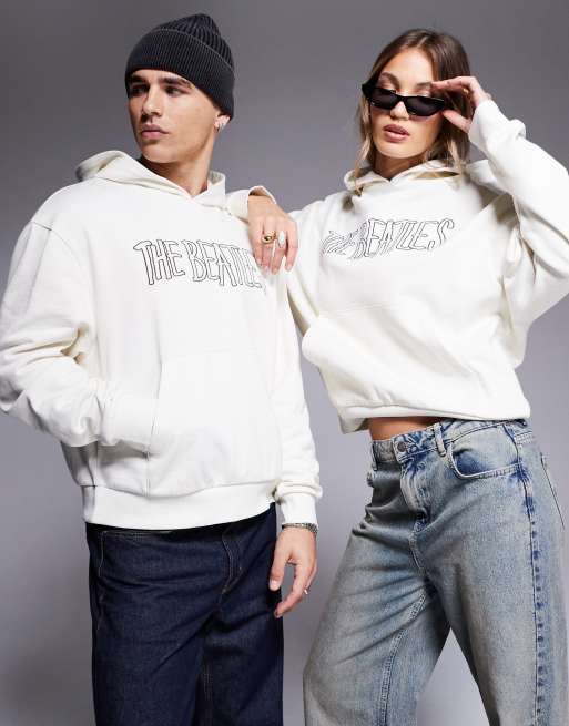 ASOS DESIGN – Bluza z kapturem oversize unisex w kolorze złamanej bieli z licencjonowanymi grafikami The Beatles