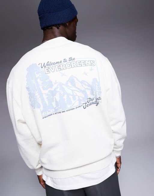 ASOS DESIGN – Bluza z kapturem oversize w kolorze złamanej bieli z krajobrazową grafiką na plecach