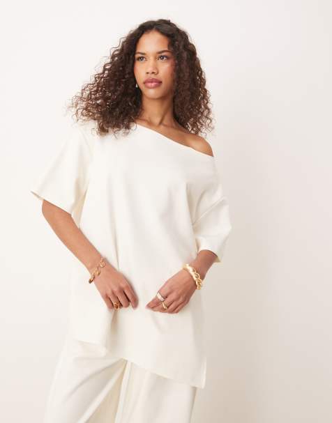 ASOS DESIGN – Bluza z odsłoniętym ramieniem i szwami interlock, w kolorze złamanej bieli, część zestawu - view 1