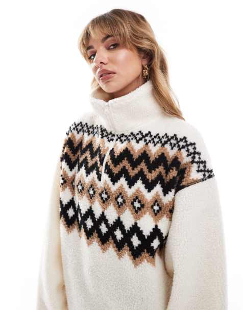 ASOS DESIGN – Bluza ze sztucznego kożuszka w skandynawski wzór z zamkiem pod szyją - view 1
