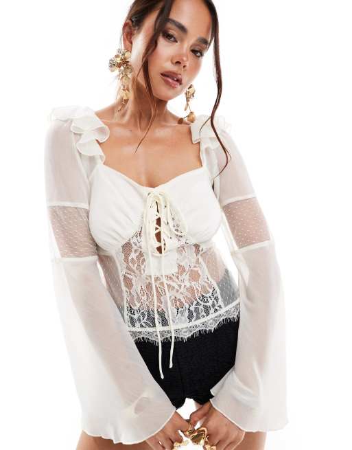 ASOS DESIGN – Bluzka typu milkmaid z koronki i szyfonu w kolorze kości słoniowej