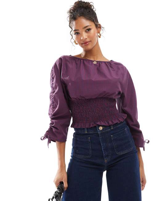 ASOS DESIGN – Bluzka w czerwona kratkę z marszczona talią i marszczonymi rękawami
