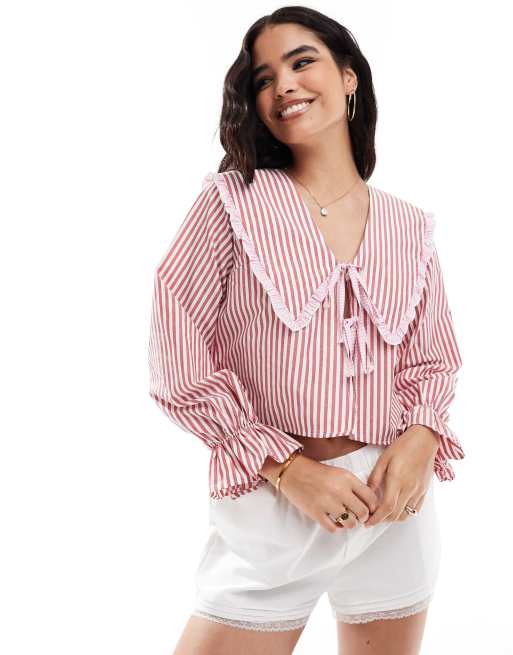 ASOS DESIGN – Bluzka w czerwone paski z wiązaniem z przodu i kołnierzem oversize