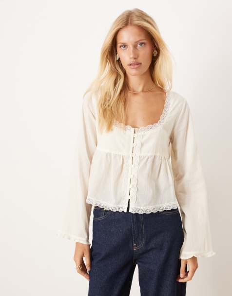 ASOS DESIGN lace trim babydoll blouse in ecru