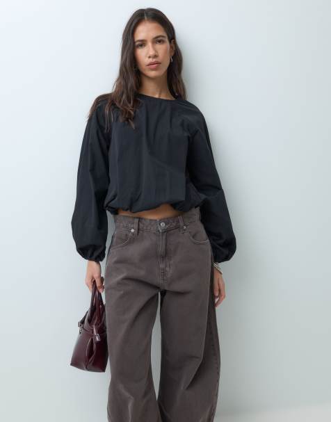 ASOS DESIGN bluzka z długim rękawem i balonowym dołem, czarna - view 1