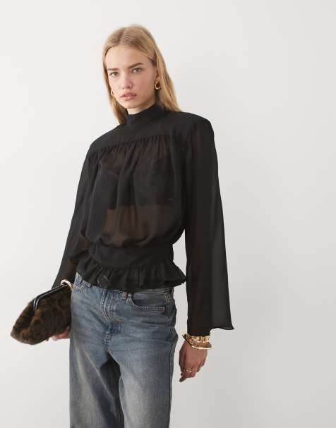ASOS DESIGN bluzka z marszczonym dołem i poduszkami na ramionach w kolorze czarnym - view 1