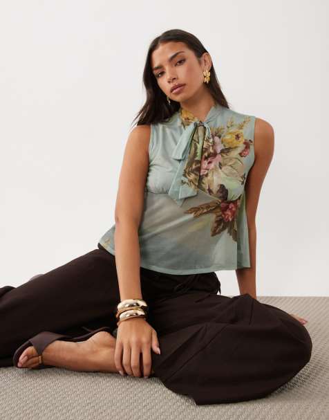 ASOS DESIGN bluzka z nadrukiem, elastycznego szyfonu, z kokardą, niebieska w kwiaty - view 1
