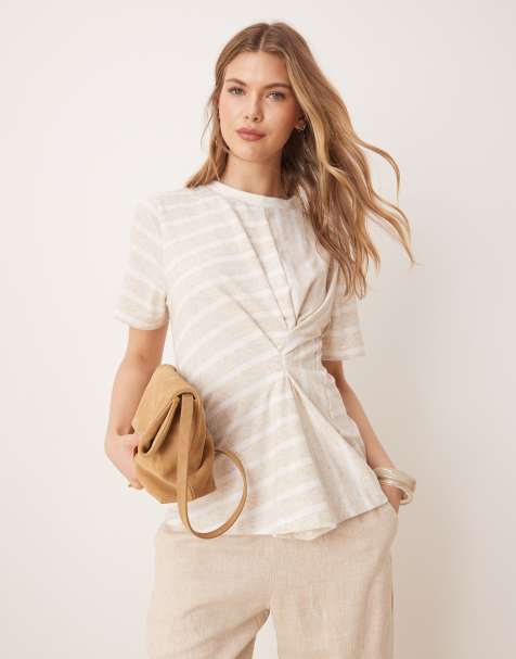 ASOS DESIGN – Bluzka z ozdobną zakładką, w neutralnym kolorze w paski - view 1