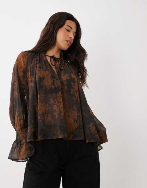 ASOS DESIGN bluzka z wiązaniem przy szyi, zwiewna i półprzezroczysta, we wzór kwiatowy - view 1