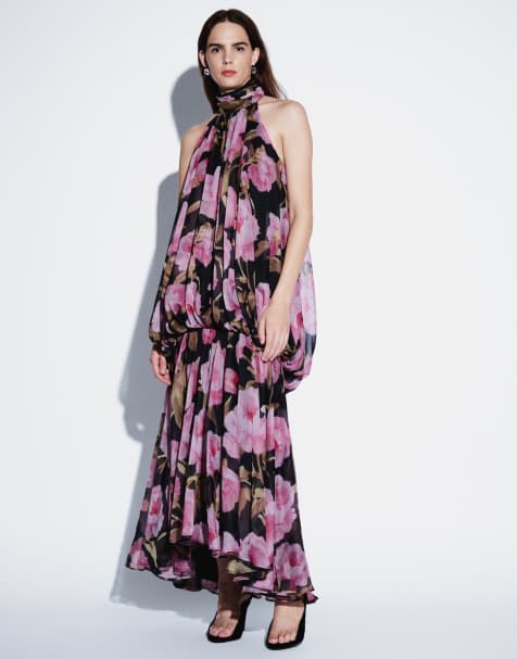 ASOS DESIGN bluzowana sukienka maxi z dekoltem halter i odkrytymi plecami we wzór kwiatowy - view 1