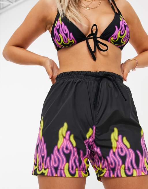 ASOS DESIGN bikini and board shorts in multi neon flame print ASOS