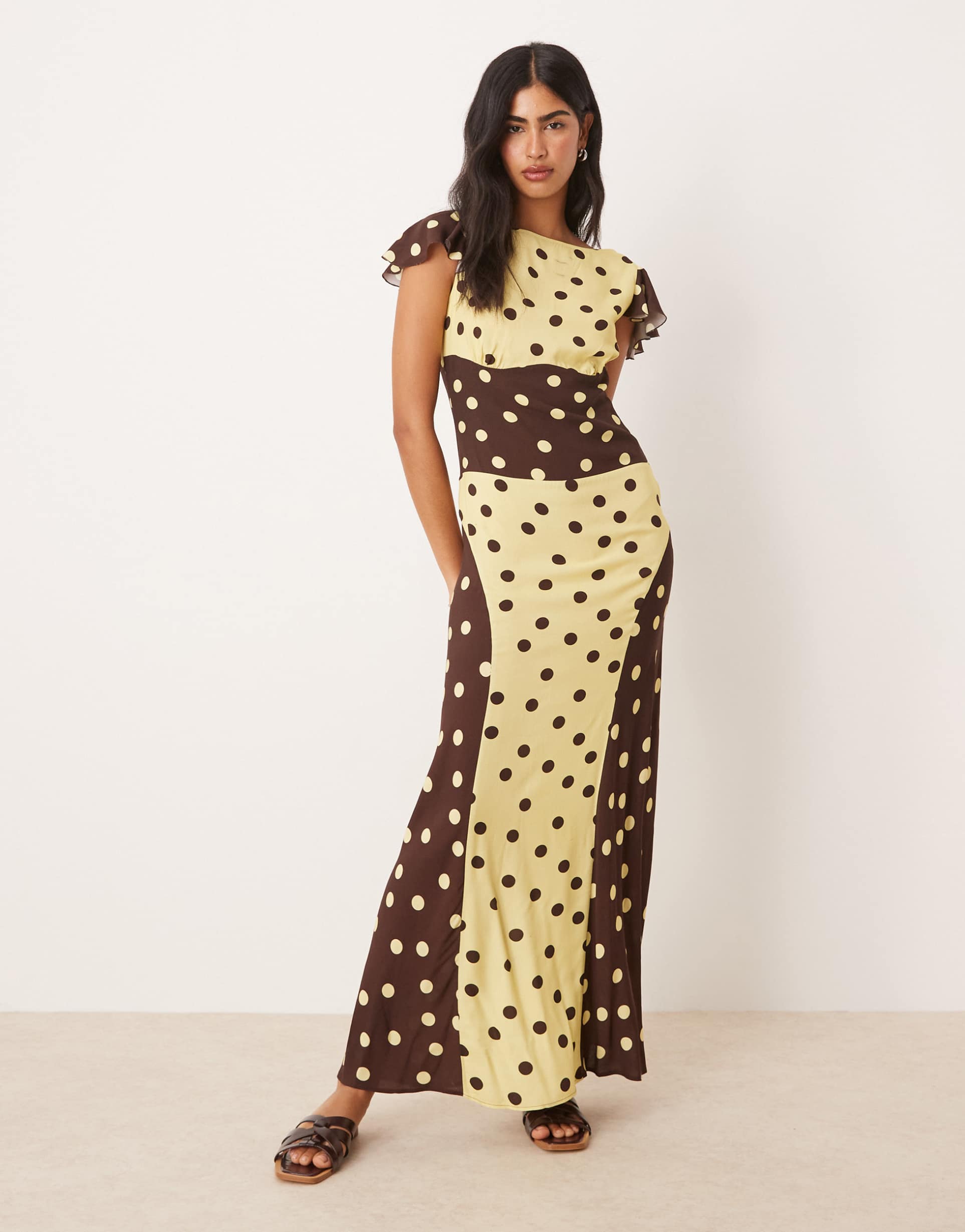 asos design boat neck angel sleeve maxi dress with sculpting detail in cream and chocolate polka dot color block