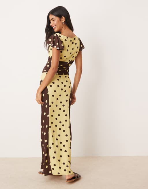 ASOS DESIGN boat neck angel sleeve maxi dress with sculpting detail in  cream and chocolate polka dot color block | ASOS