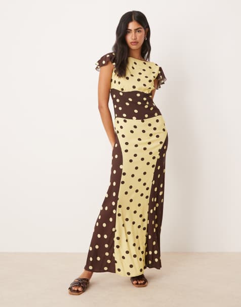 ASOS DESIGN boat neck angel sleeve maxi dress with sculpting detail in cream and chocolate polka dot colour block - view 1