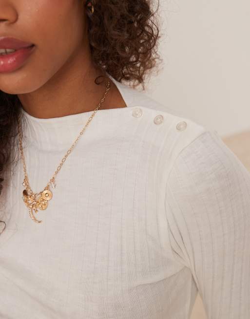 ASOS DESIGN boat neck button detail long sleeve slub ribbed tee in cream, 2 of 4