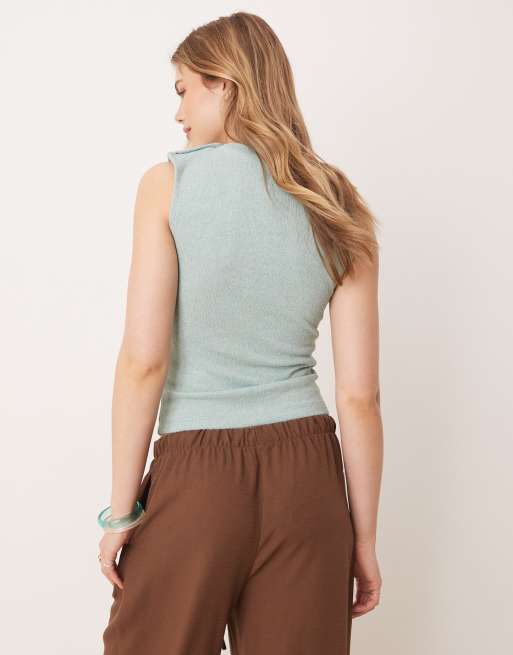 ASOS DESIGN boat neck button detail tank top in textured blue