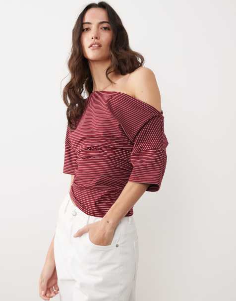 ASOS DESIGN boat neck cinched waist top in red and white stripe