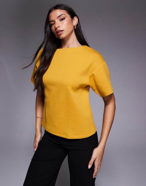ASOS DESIGN boat neck half sleeve fitted top in ochre - view 1