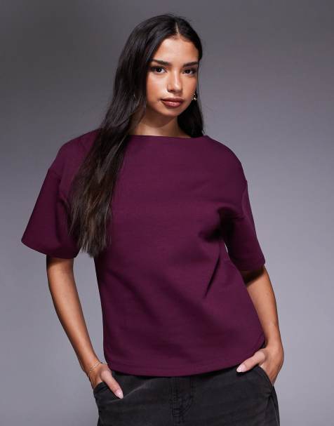 ASOS DESIGN boat neck half sleeve fitted top in plum - view 1