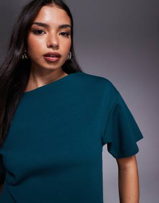 Asos Design Boat Neck Half Sleeve Fitted Top In Green