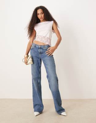 Asos Design Boat Neck Lace Asymmetric Top In Pink