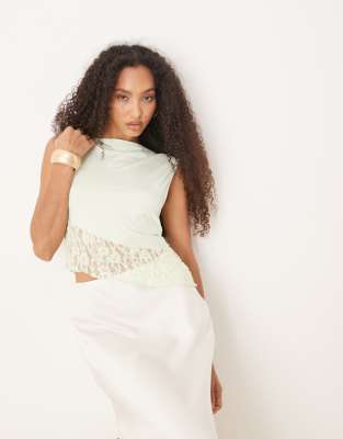 ASOS DESIGN boat neck lace asymmetric top in pastel green