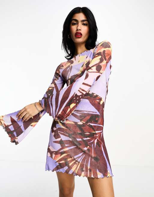 ASOS DESIGN boat neck long sleeve mini dress with open tie back in tropical  print