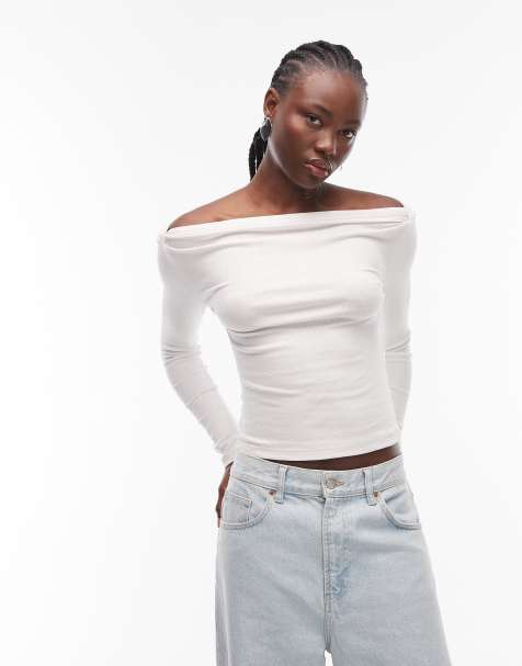 ASOS DESIGN boat neck long sleeve top with binding detail in cream