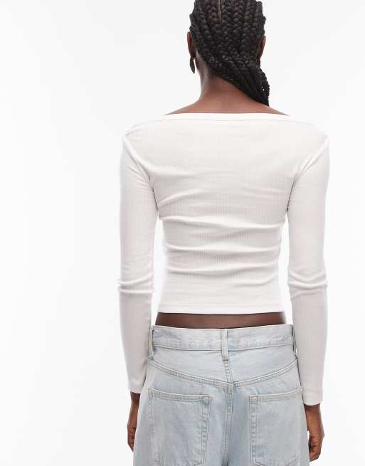 ASOS DESIGN boat neck long sleeve with binding detail in cream, 4 of 4