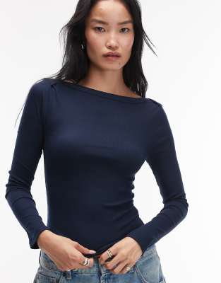 Asos Design Boat Neck Long Sleeve With Binding Detail In Blue