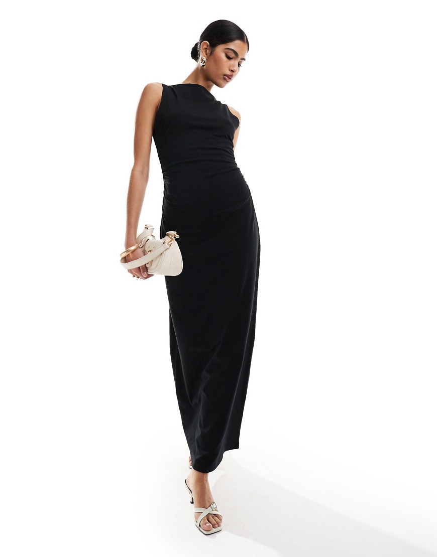ASOS DESIGN boat neck maxi dress with ruched sides in black