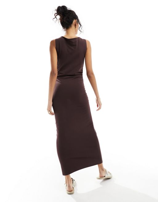 ASOS DESIGN grown on neck mini dress with ruched sides in chocolate