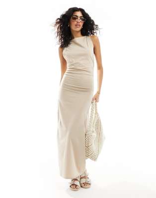 Asos Design Satin Color Block Midi Dress In Champagne With Chocolate Bodice-brown