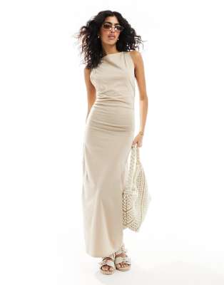 asos design boat neck maxi dress with ruched sides in stone