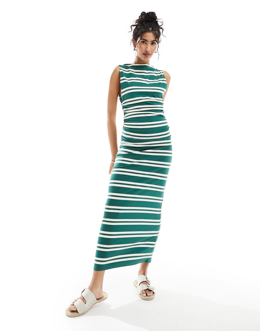 Asos Design Boat Neck Midi Dress With Ruched Sides In Green And White Stripe-multi
