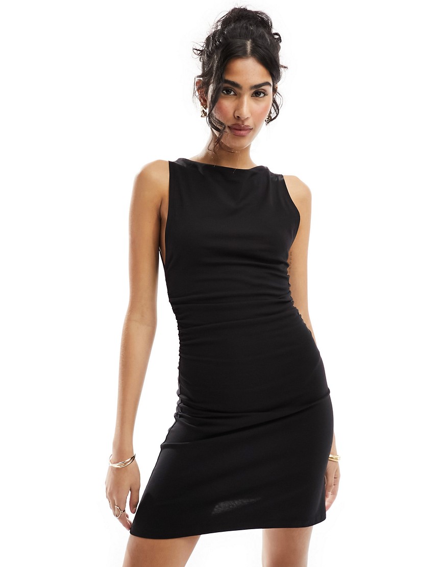 ASOS DESIGN boat neck mini dress with ruched sides in black