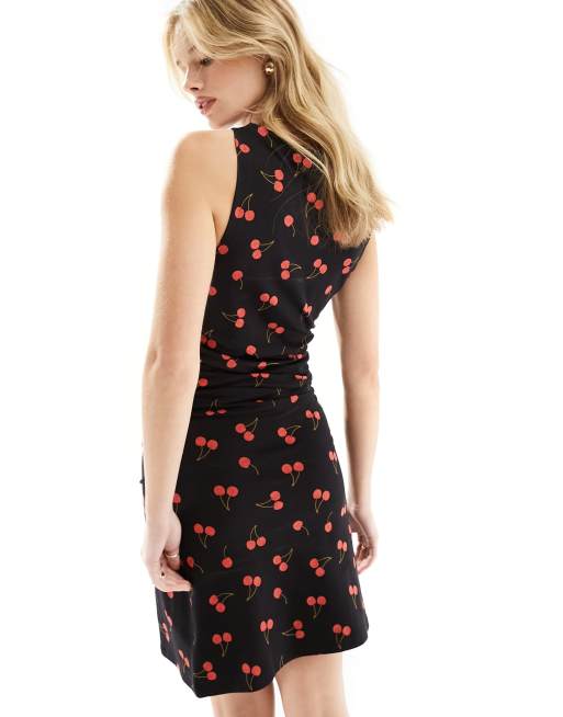 ASOS DESIGN boat neck mini dress with ruched sides in cherry print