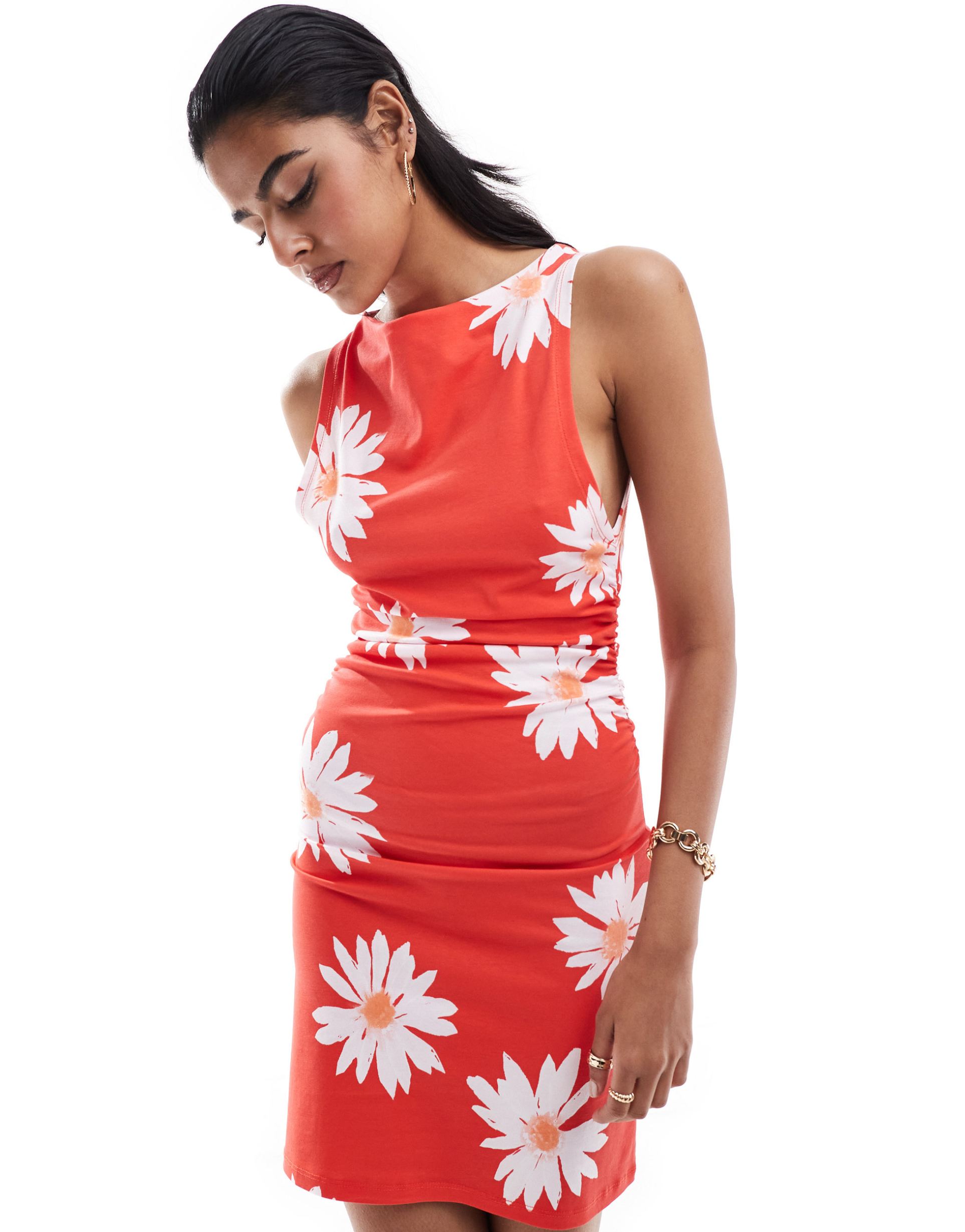 asos design boat neck mini dress with ruched sides in daisy print