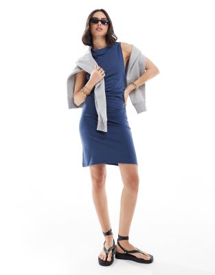 ワンピース FLOWOOM Denim Boat Neck Mini Dress Bindi Boat Neck Bodycon Mini Dress in Cornflower Blue