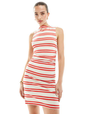 Asos Design Boat Neck Mini Dress With Ruched Sides In Red And White Stripe-multi