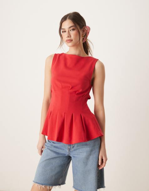 ASOS DESIGN boat neck pleated waist tank top in red - view 1