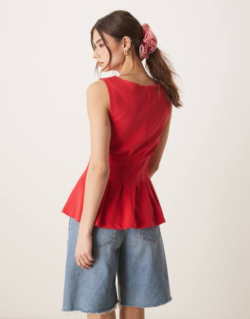 ASOS DESIGN boat neck pleated waist tank top in red