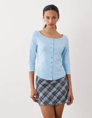 Asos Design Boat Neck Shaped Hem 3/4 Sleeve Cardigan In Blue