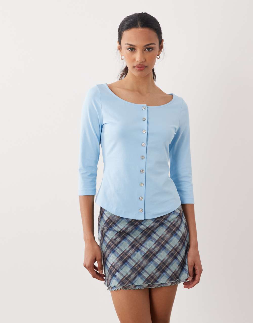 ASOS DESIGN boat neck shaped hem 3/4 sleeve cardigan in baby blue