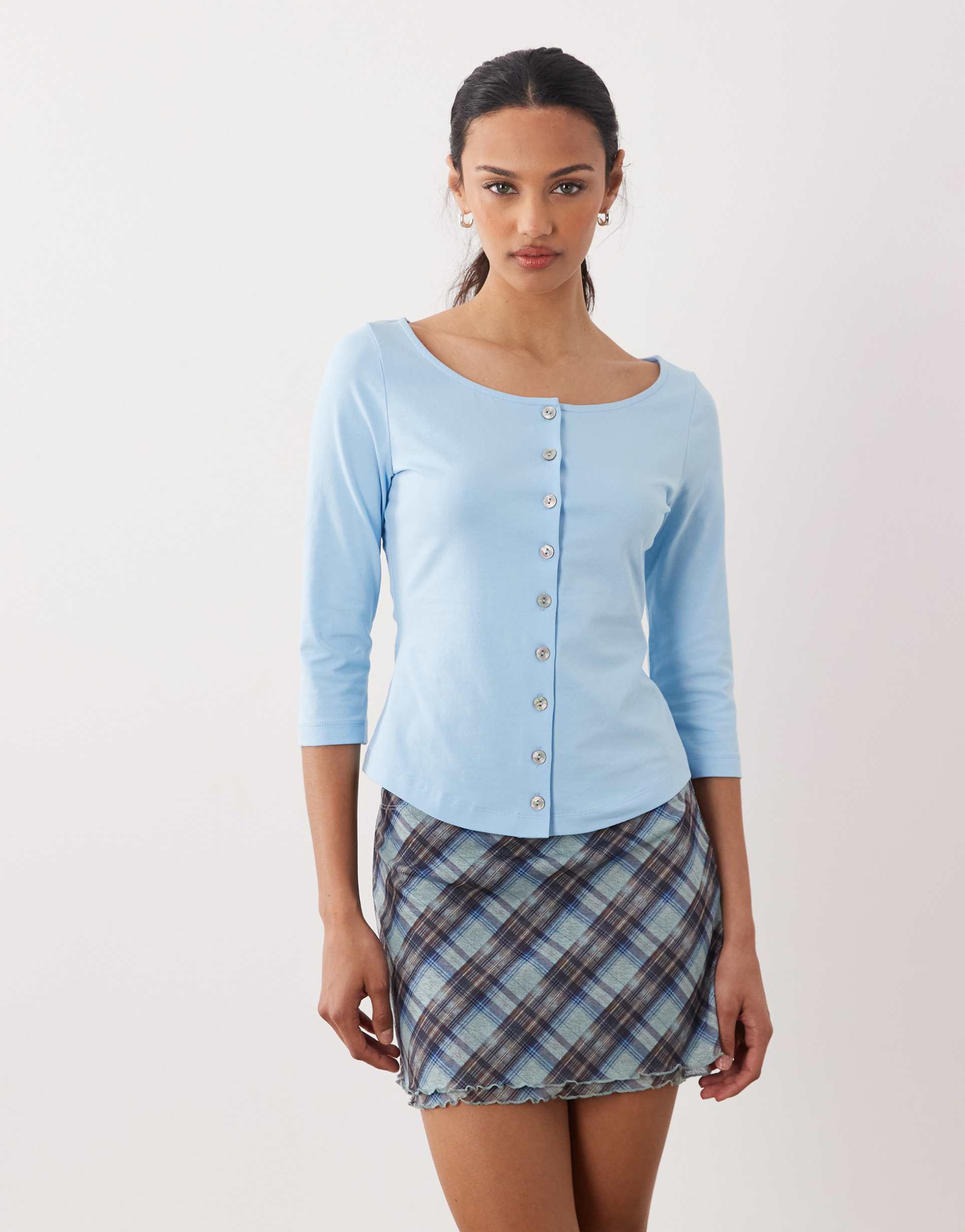 asos design boat neck shaped hem 3/4 sleeve cardigan in baby blue