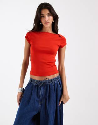Asos Design Boat Neck Short Sleeve Baby Tee In Red