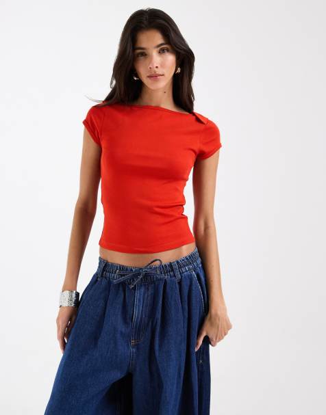 ASOS DESIGN boat neck short sleeve baby tee in red