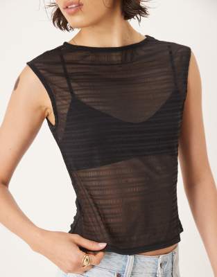 Asos Design Boat Neck Short Sleeve Mesh Shirred Top In Black