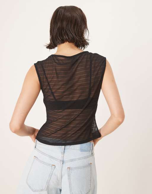 ASOS DESIGN boat neck short sleeve mesh shirred top in black, 4 of 4
